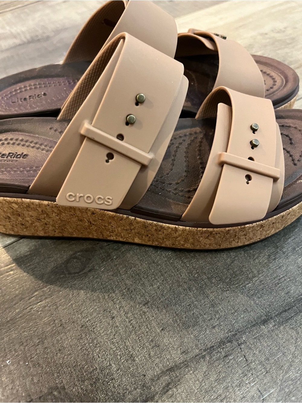 Crocs Brooklyn Double Buckle Platform Sandals LITERIDE Cork Wedge Taupe Womens 8 - Picture 3 of 9